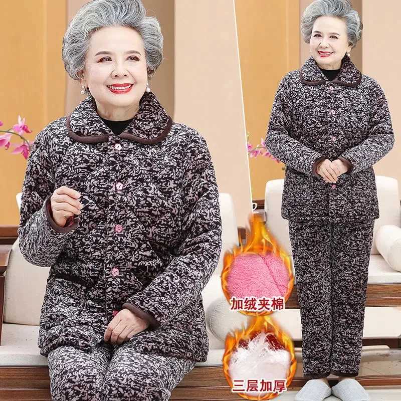 Lounge Women's Sleep Grandma Pajamas Three Layers Thickened Mother Home Clothes Elderly Women Coral Velvet Pajamas Sets Winter Suit Warm Pants 2P - view 5