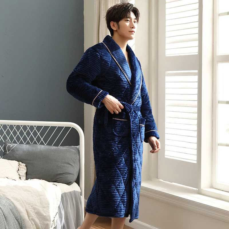 Sleep Lounge Women's Winter Robe Thick Warm Men's Flannel Knit Quilted Robe Long Sleeve Comfortable Soft Solid Causal Male Bathrobe M-XXXXLC - view 3