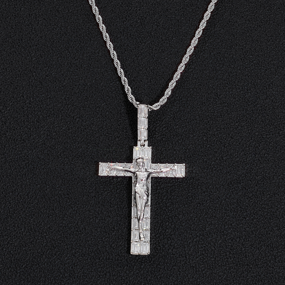 Cross Pendant with Moissanite Retro Street-Style Trendy Bamboo Chain Necklace for Men Customizable Hip-Hop Gift Jewelry - view 3
