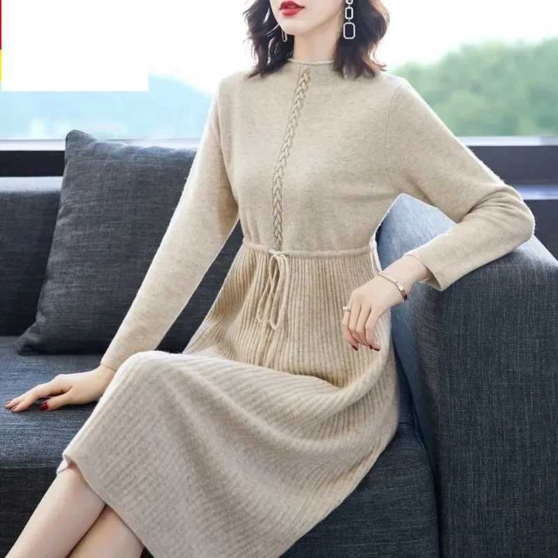 Lounge Women's Sleep Woolen Sweater Dress Mid to Long Women's Autumn And Winter Drawstring tie Waist Cinching Slimming Effect Base Knit Wool - view 6