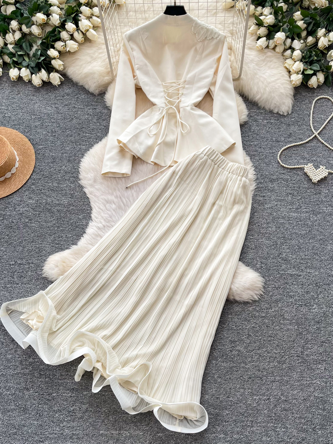 Elegant Embroidered Heavy Work V-Neck Jacket High Waist Pleated Skirt Two-Piece Set for Women Autumn Season Fashion Outfit - view 5