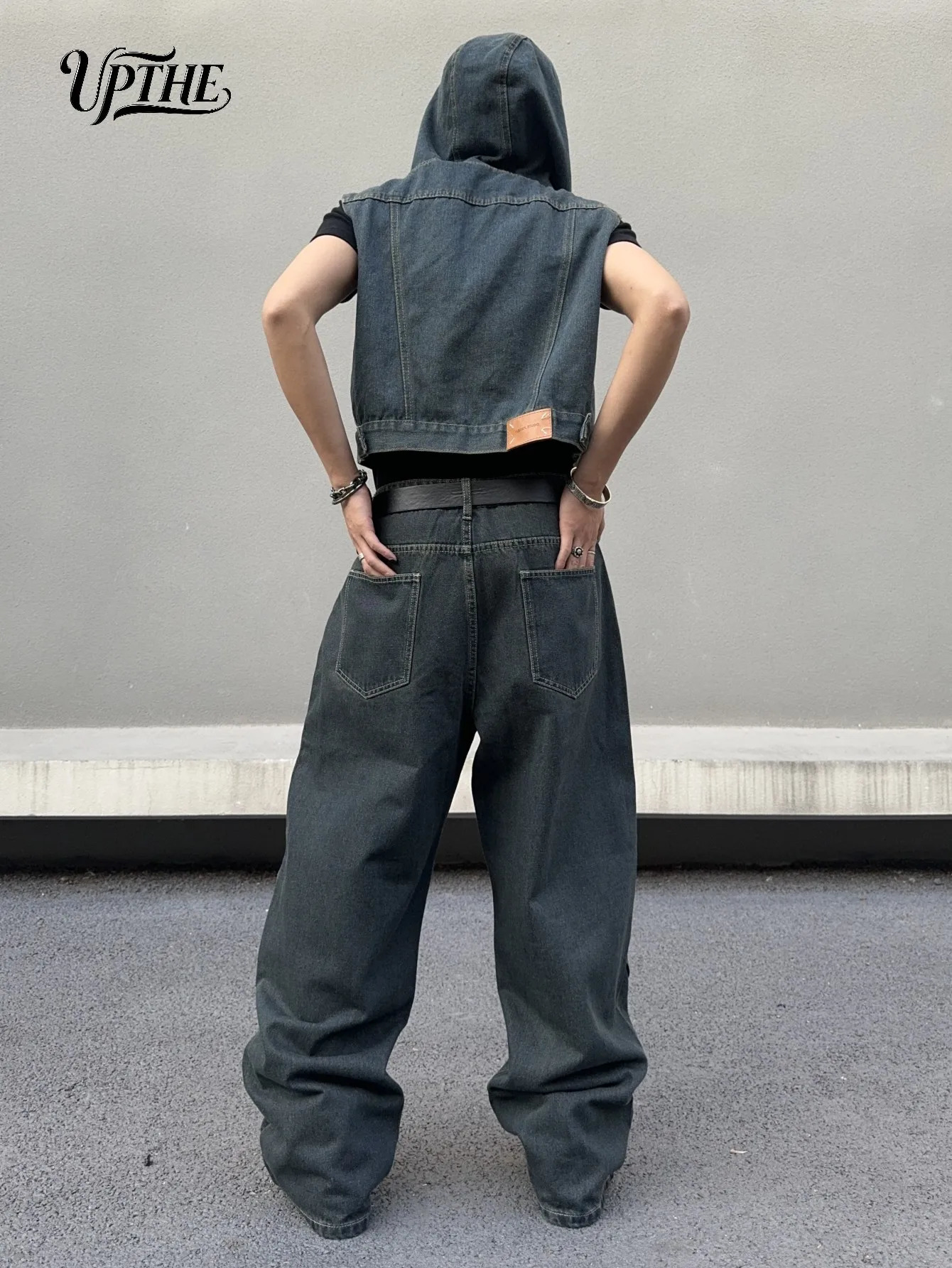 UP.THE Men Dark Raw Denim Baggy Wide Leg Jeans Y2K Oversized Loose Curved Spliced Eyelet Denim Pants Industrial Streetwear Trousers for Daily Outfits  - view 4