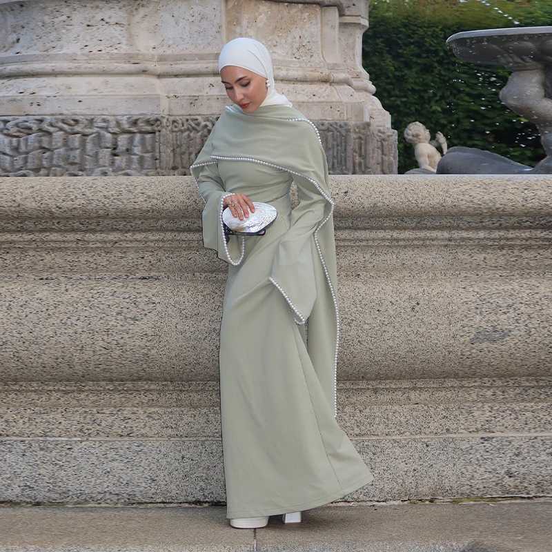 Sleep Lounge Women's White Pearl Trim Cape Maxi Dress Women Elegant Long Sleeve Cinched Waist Muslim Robes 2026 Spring EID Abaya Lady DressesC260 - view 3