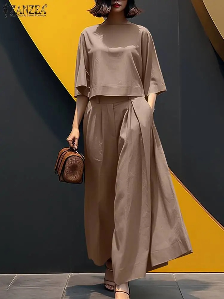 ZANZEA Summer Pant Sets Fashion Matching Women Three Quarter Sleeve ONeck Side Pockets Top 2PCS Blouses Long Wide Leg 260928