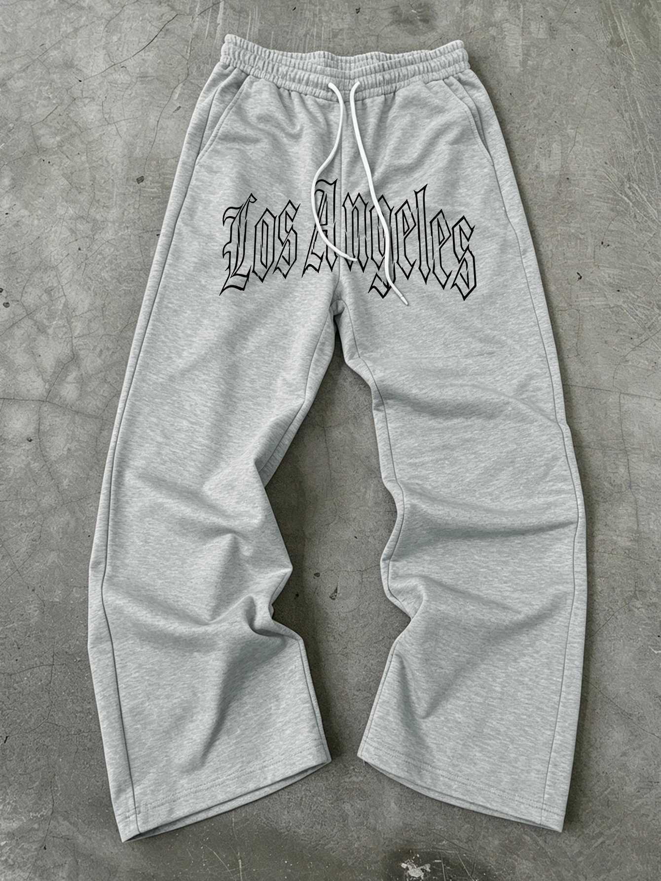 Men's Pants Men Y2K American Gothic Streetwear Baggy Sweatpants Waist Centered White Outline Gothic"LosAngeles"LetterPrintdr1WideLeg D2 - view 7