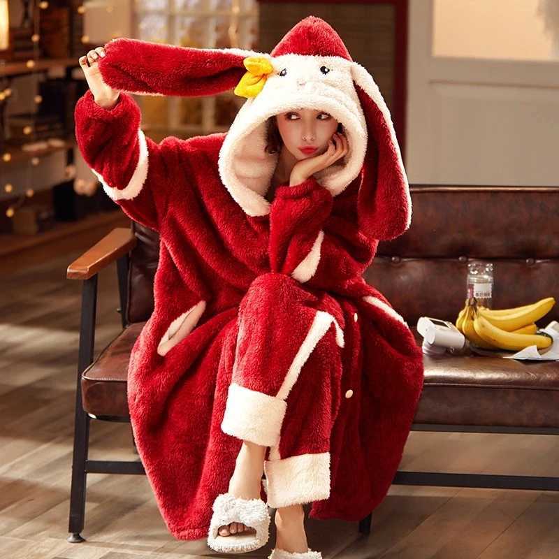 Lounge Women's Sleep Sweet Women Bathrobe Autumn Winter Thick Hooded Flannel Ladies Robe Fleece Girls Cute Long Dressing Gown for Female Homewear