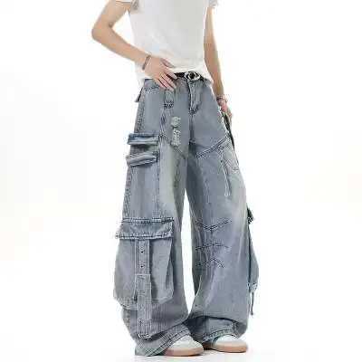 Men's Jeans American Style Men's Jeans Solid Color Multi Pockets Casual Worn-out Trousers Deconstruction Wide Leg Denim Pants H260924 - view 4