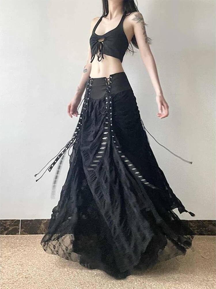 Y2k Vintage Temperament Lace Mesh Pleated Women Skirt High Waist Gothic Bow Slim Bandage A-line Long Skirts Chic Harajuku Faldas - view 3