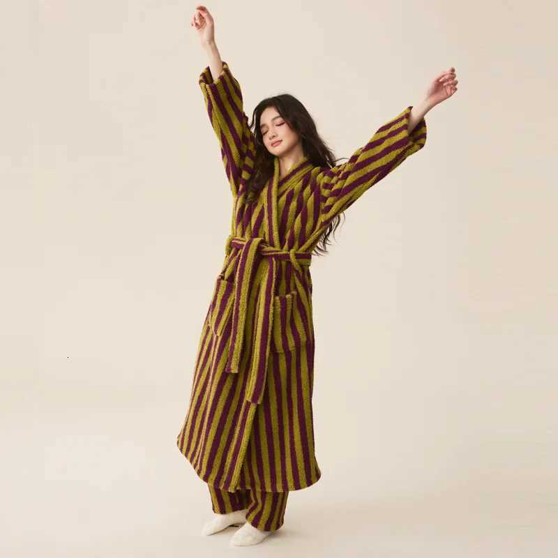 Lounge Women's Sleep Thickened Flannel Robe Pajamas Autumn Winter New Couple Coral Velvet Women Men Bathrobe Striped LengthedC260924 - view 6