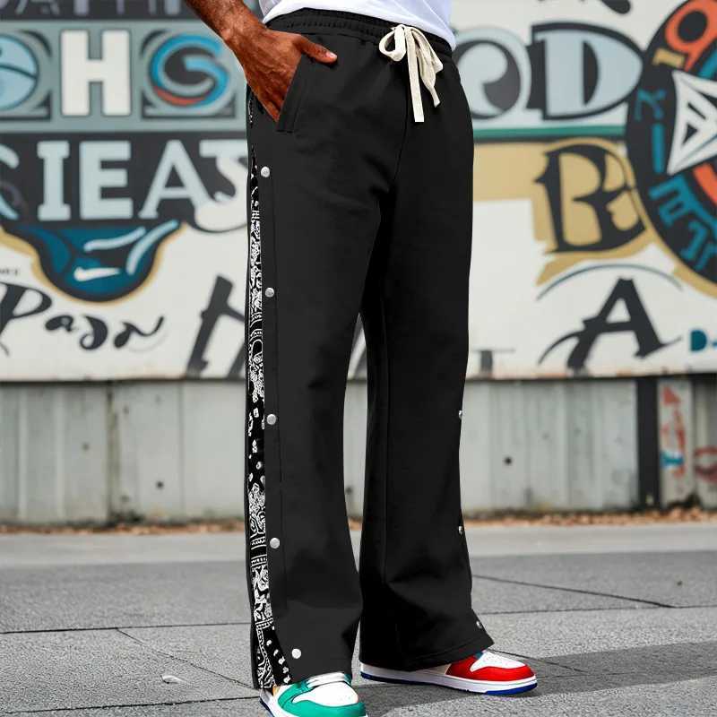 Men's Pants Men Wide Leg Sweatpants Side Button Paisley Patchwork Trousers Elastic dr1 Hip Hop Streetwear Loose Casual Sports Pants D260924 - view 6