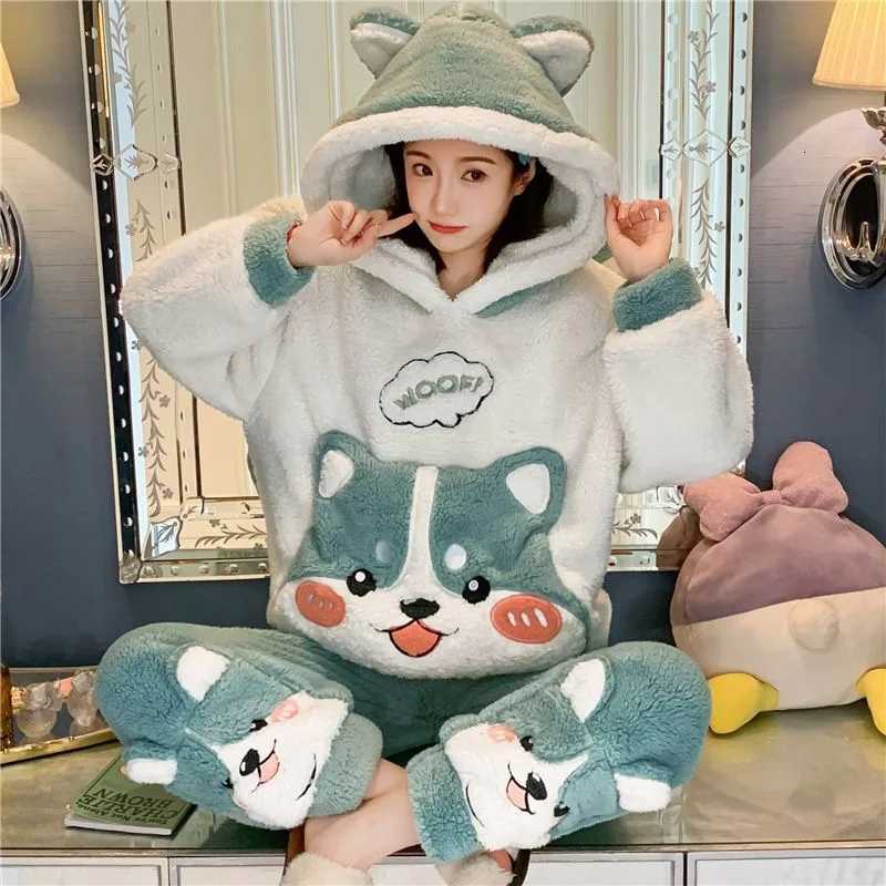Lounge Women's Sleep Women Pajamas Set Thick Winter Flannel Homewear Female Girls Warm Sleepwear Tops Pants 2Pcs/set Girls Home Clothes Trouser S