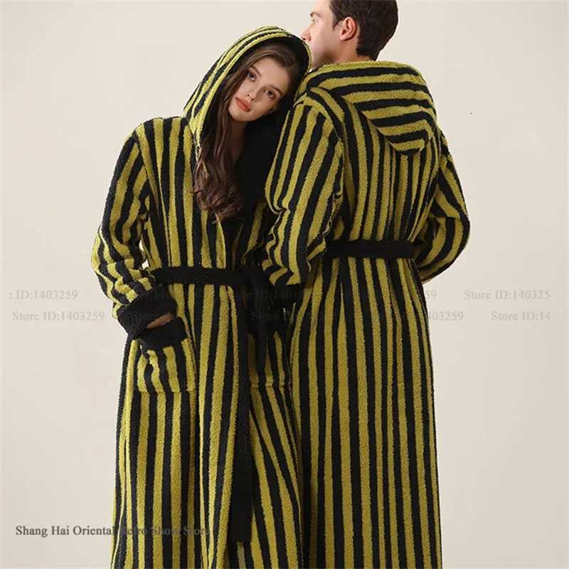 Lounge Women's Sleep Autumn Winter New Couple Long Robe Flannel Stripe Sleepwear Home Clothes Loose Hooded Bathrobe Nightwear Coral Fleece Lounge