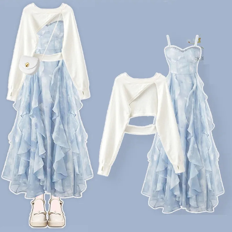 2026 Women Spring Summer Chic Dress Matching Set Female Elegant Short Irregular Long Sleeve TopStrap Skirt Two Piece Suit 260928