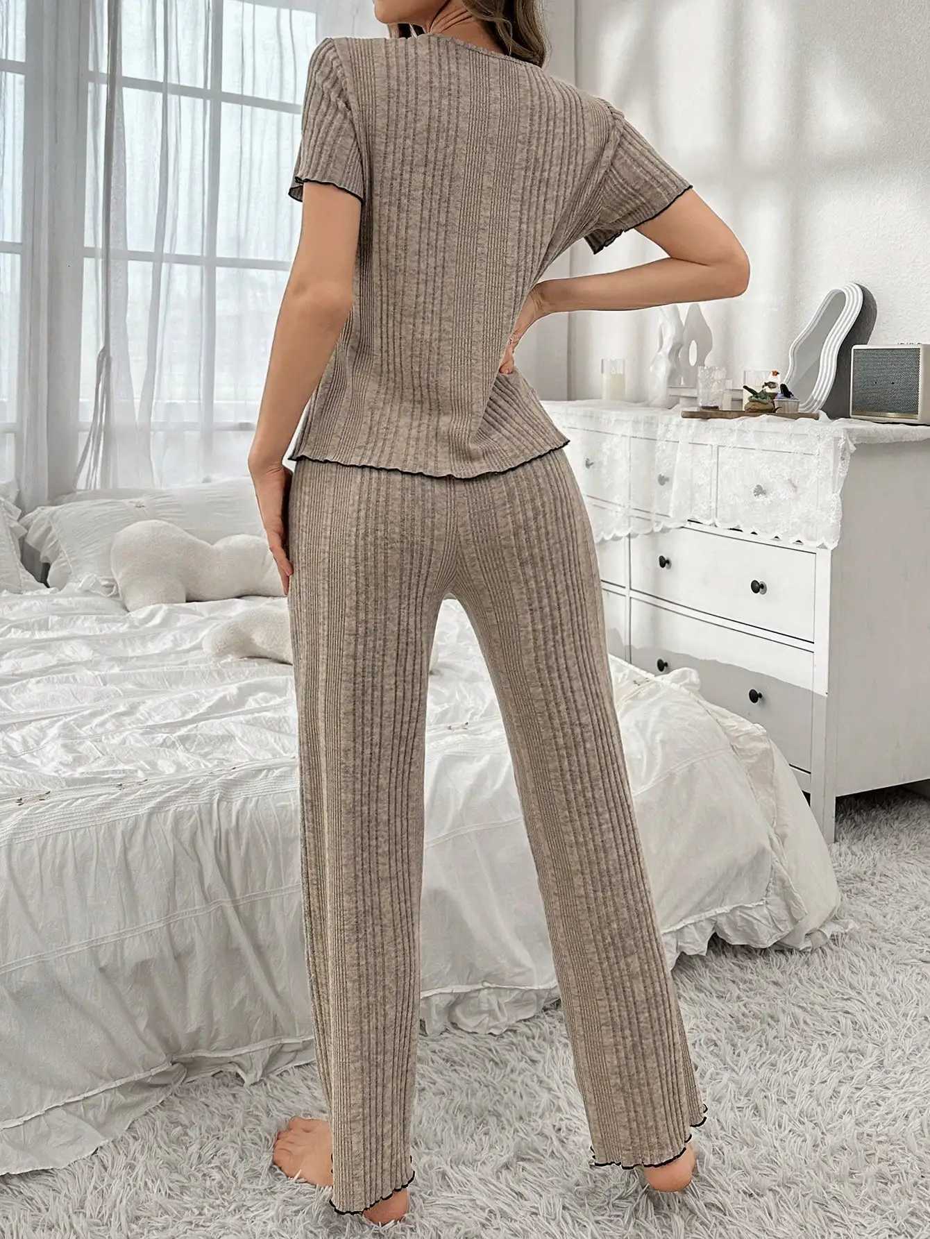 Women's Sleep Lounge 2-Piece Set of Women's Autumn Pajamas with Striped Fabric Simple Solid Color Casual Style Short-Sleeved Long Pants Can  - view 3