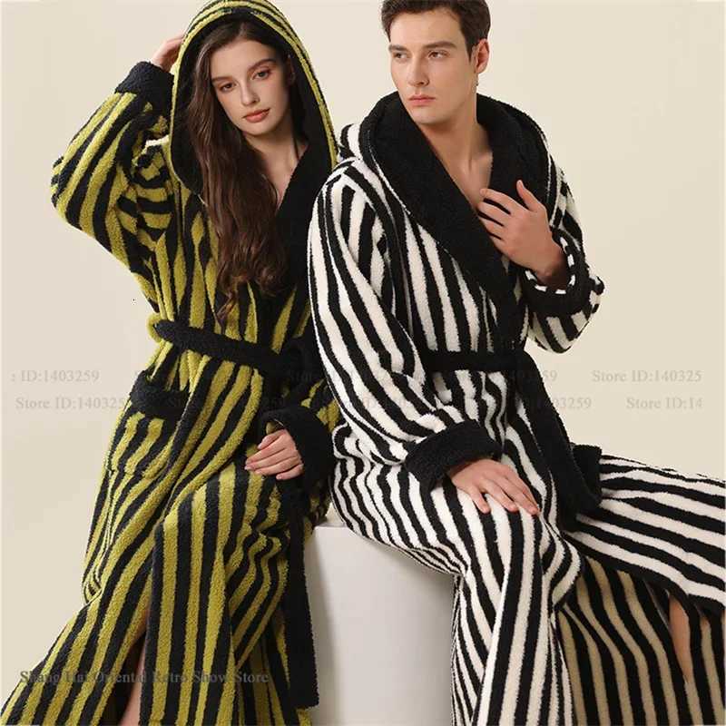 Lounge Women's Sleep Autumn Winter New Couple Long Robe Flannel Stripe Sleepwear Home Clothes Loose Hooded Bathrobe Nightwear Coral Fleece Lounge - view 3
