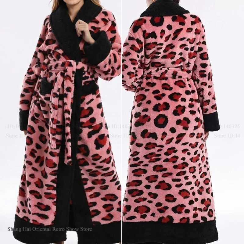 Sleep Lounge Women's Pink Leopard Coral Fleece Long Robe Kimono Bathrobe Gown Autumn Winter Thicken Warm Sleepwear Home Dress Loose Loungewear Pa