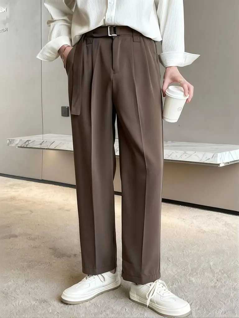 Men's Pants Brown Korean Wide leg Casual Pants With Belted Men Streetwear Oversize Baggy Pants Harajuku Cool Black Work wear Suit Pants D260924 - view 3