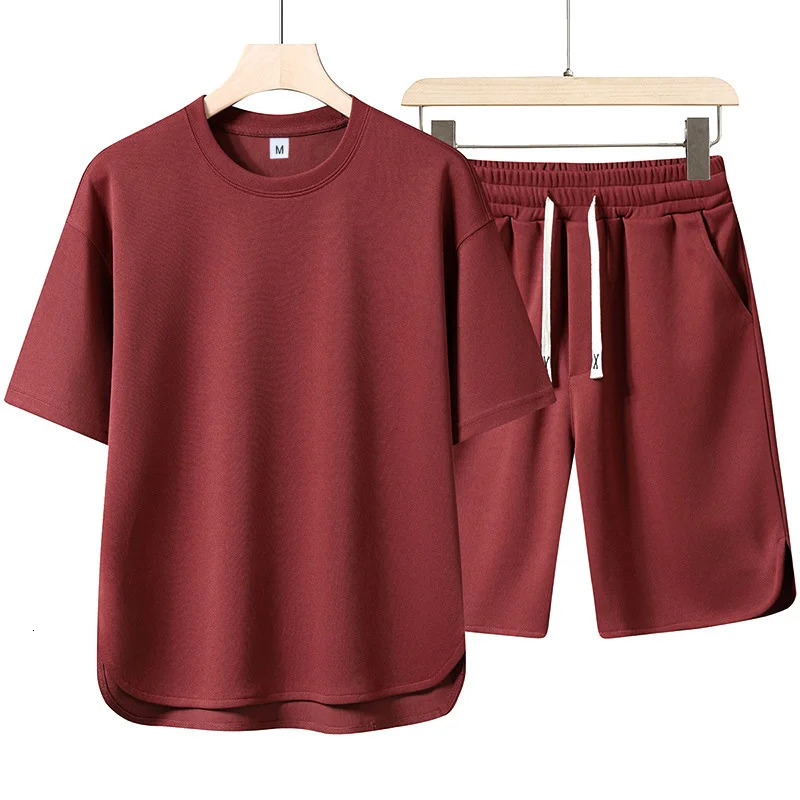 Men Solid Color Casual Tracksuit Set Loose Curved Hem Short Sleeve TShirt Drawstring Elastic Waist Shorts Street Sports 260911