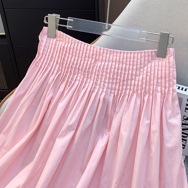 High A-Line Women's New Design Pink Pleated Slimming Midi Skirt Elastic Waist Commute Skin-Friendly Breathable - view 5