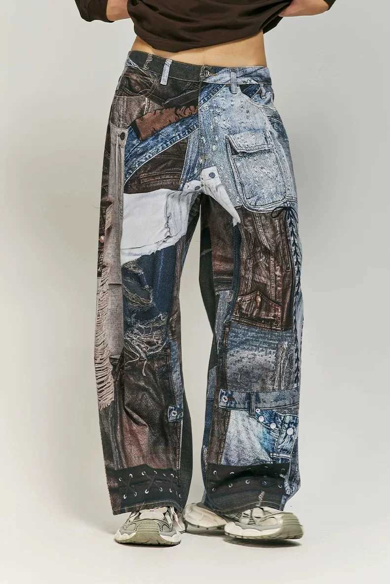 Men's Jeans 2026 New Retro Color Block Oversize Niche Old Loose Tapered Casual Pants 3D Printed Wide Leg High Waist Loose Jeans H260924 - view 4