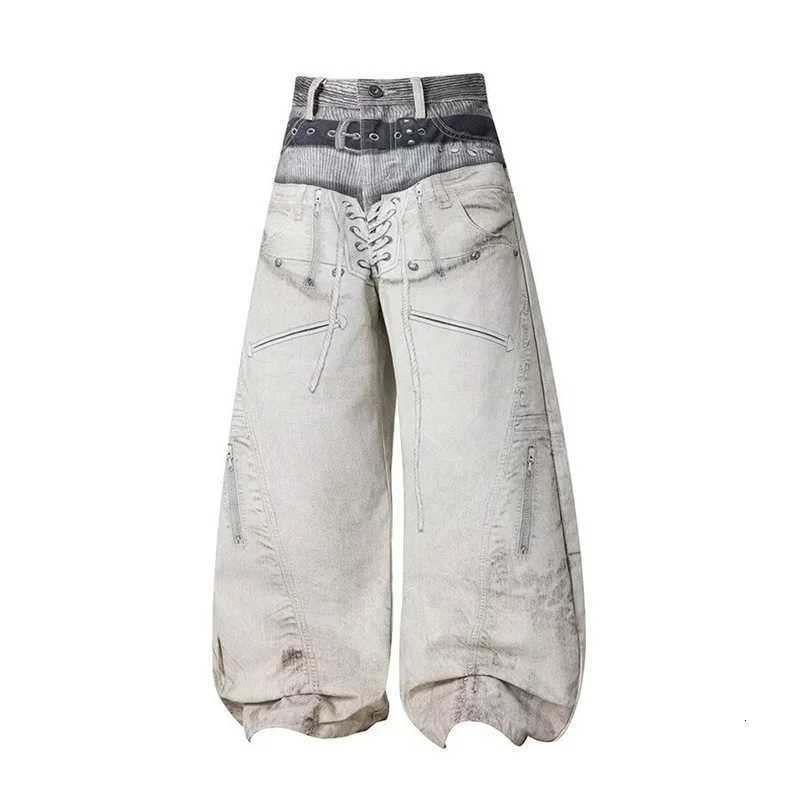 Men's Jeans Men's Hip Hop Fashion Straight Baggy Jeans American Retro 3D Chain Print Denim Pantalones Y2K Streetwear Graphic Straight Jean H