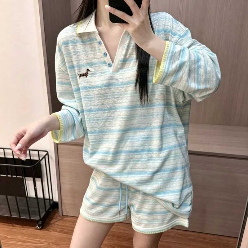 Women's Sleep Lounge Light Blue Striped Pajama Set Summer Thin Long Sleeve Shorts Dachshund Dog Print Women's Pajama Casual Ladies Daily Sle - view 3