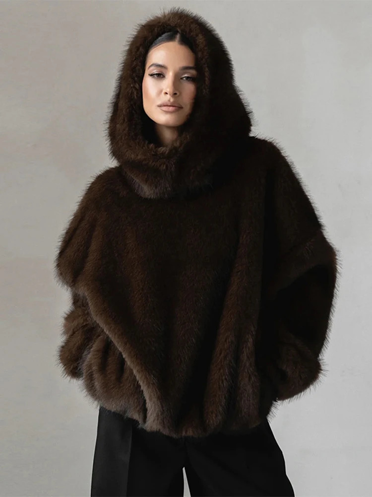Furry Hooded Faux Fur Coats Women Loose Long Sleeve Warm Brown Pullovers 2026 Autumn Winter Lady Street Fashion Outwear 260922 - view 4