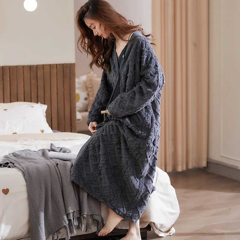 Lounge Women's Sleep Women Winter Plush Lengthened Shawl Bathrobe Home Clothes Long Sleeved Robe Coat Female Thick Coral Fleece Elegant Dressing  - view 4