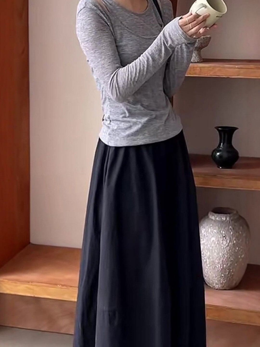 High Waist A-Line Midi Women's Loose Commute Black Slimming Hip Covering Long Skirt Casual Summer Short Sleeve - view 4