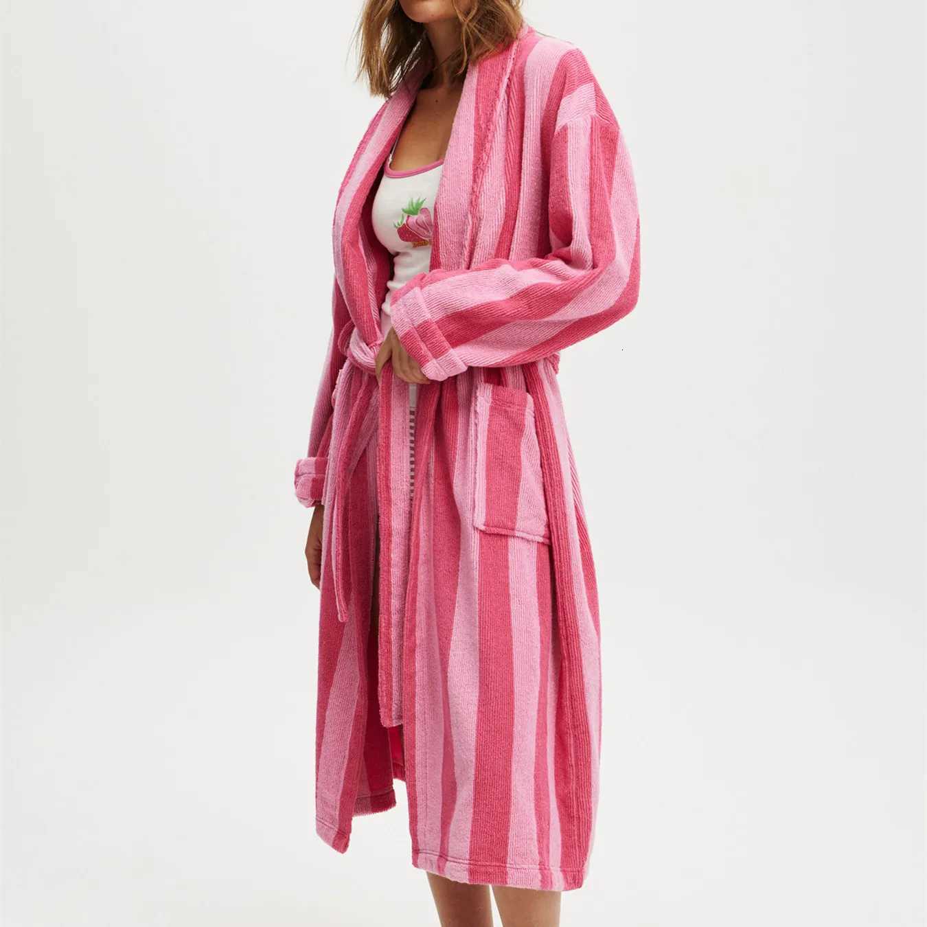Sleep Lounge Women's Women's Shawl Robe Loungewear Winter Fall Plush Striped Terry Cloth Bathrobe with Pocket Long Sleeve Knee Length Lounge - view 6