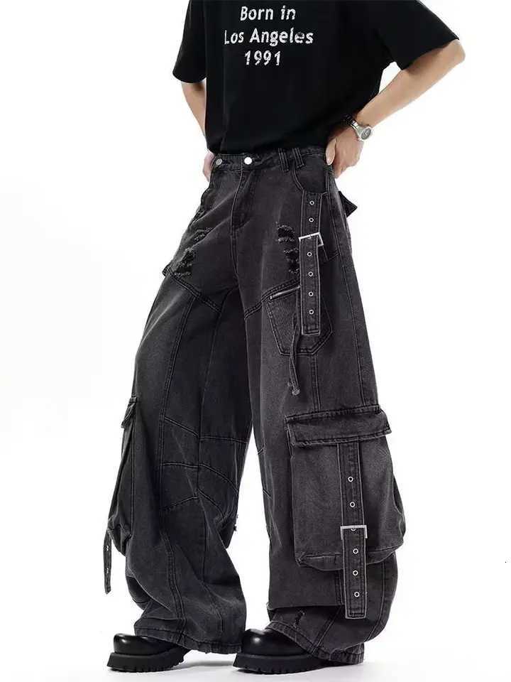 Men's Jeans American Style Men's Jeans Solid Color Multi Pockets Casual Worn-out Trousers Deconstruction Wide Leg Denim Pants H260924 - view 6