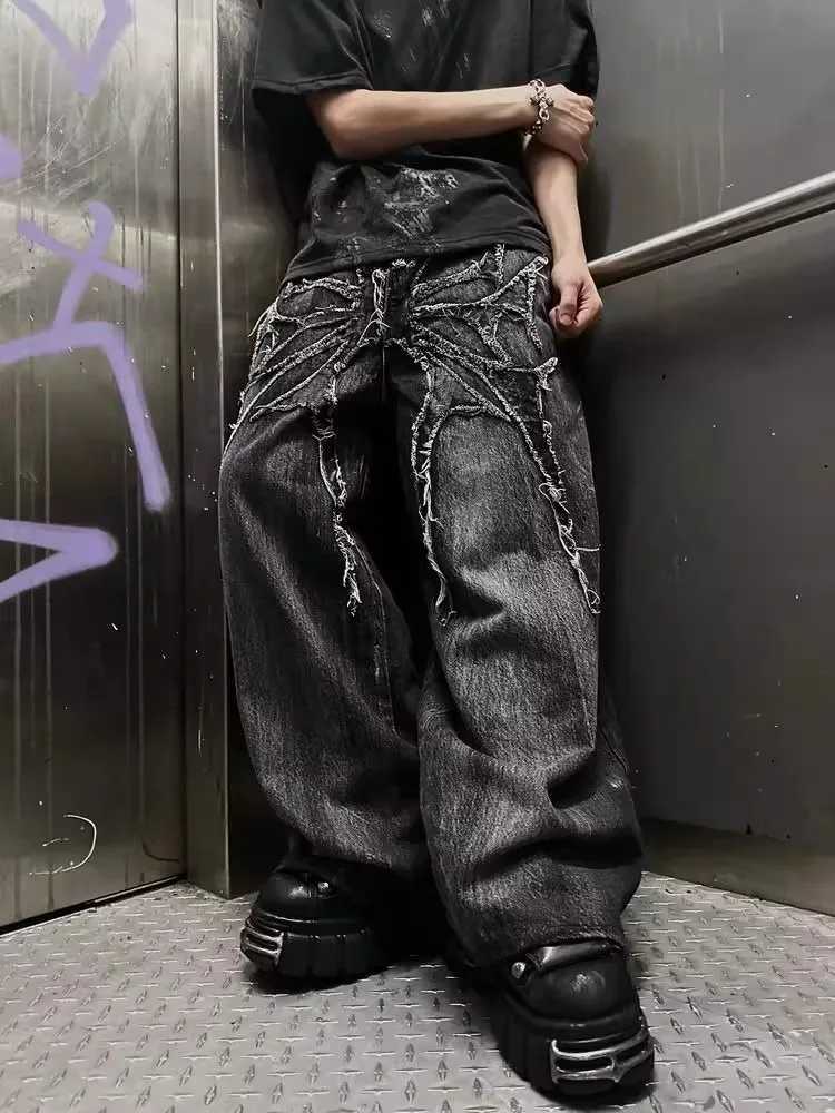Men's Jeans High Street Mopping Pants Spider Embroidered Patch Hip Hop Streetwear Gothic Retro Oversized Baggy Fit Unisex Y2K Phantom Jeans H2609