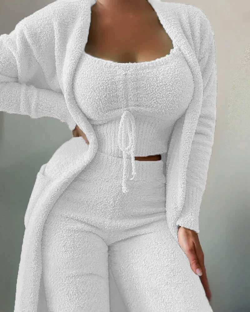 Women's Sleep Lounge Women's Winter New Fashion Plush Pajamas Three-piece SetHalter Short Top+high-waisted Straight-leg Pants+long Cardigan 