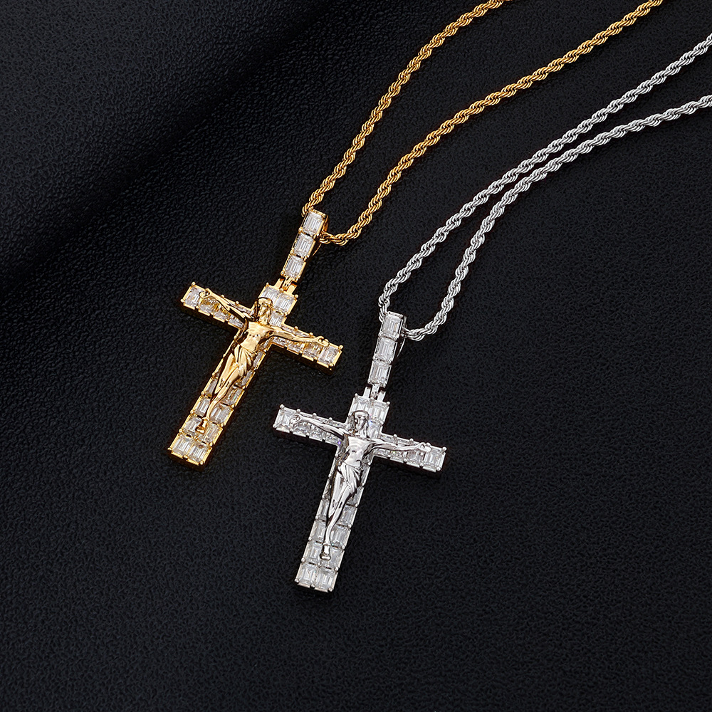 Cross Pendant with Moissanite Retro Street-Style Trendy Bamboo Chain Necklace for Men Customizable Hip-Hop Gift Jewelry - view 4