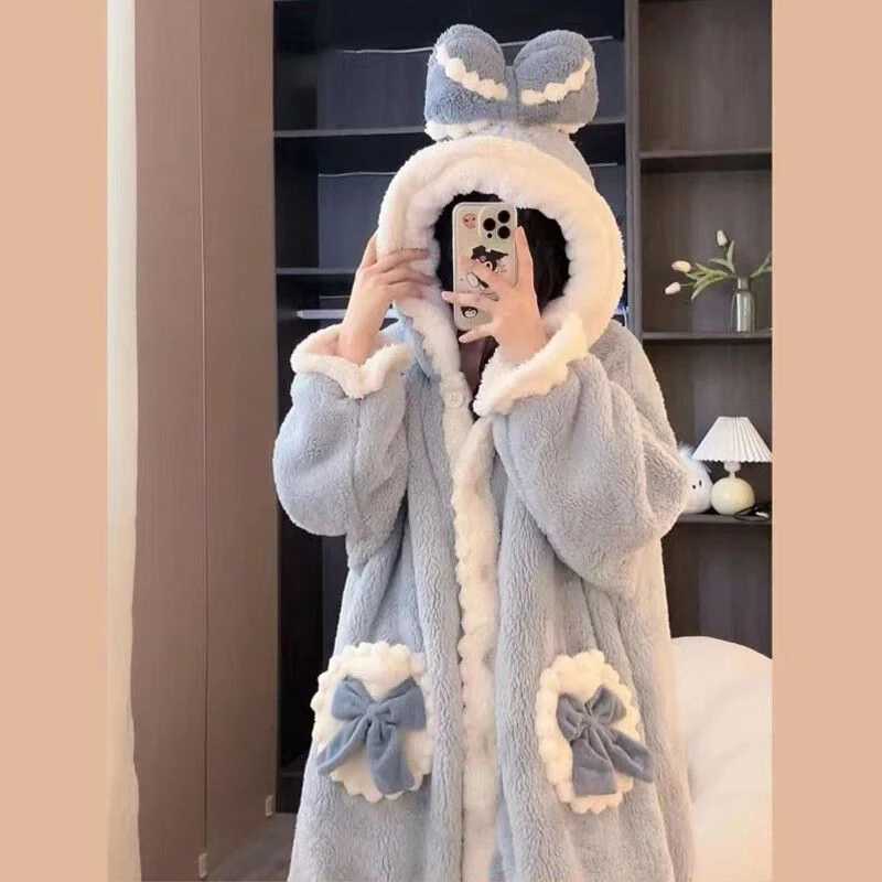 Sleep Lounge Women's Cozy Blue Women Sleepwear Bow Hooded Long Fleece Nightgown Thick Plush Loungewear Kawaii Winter Warm Homewear TopC260924 - view 4