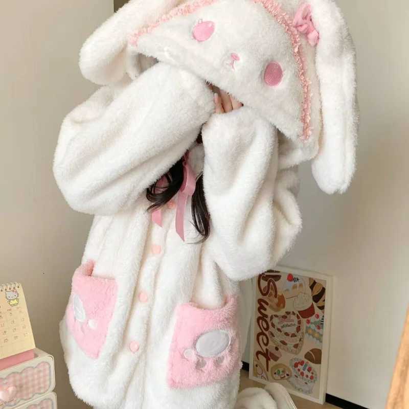 Lounge Women's Sleep New Winter Women's Pajamas Pants Sets Flannel Hooded Homewear 2Pcs Kawaii Rabbit Coral Fleece Outdoors Home Clothes War