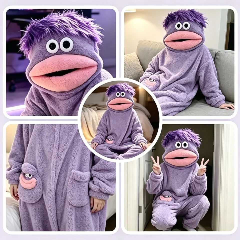 Lounge Women's Sleep New Big Mouth Monster Cartoon Jumpsuit Thickened Soft Coral Fleece Warm Winter Loungewear Funny Hooded Homewear Onesie Pajam - view 7