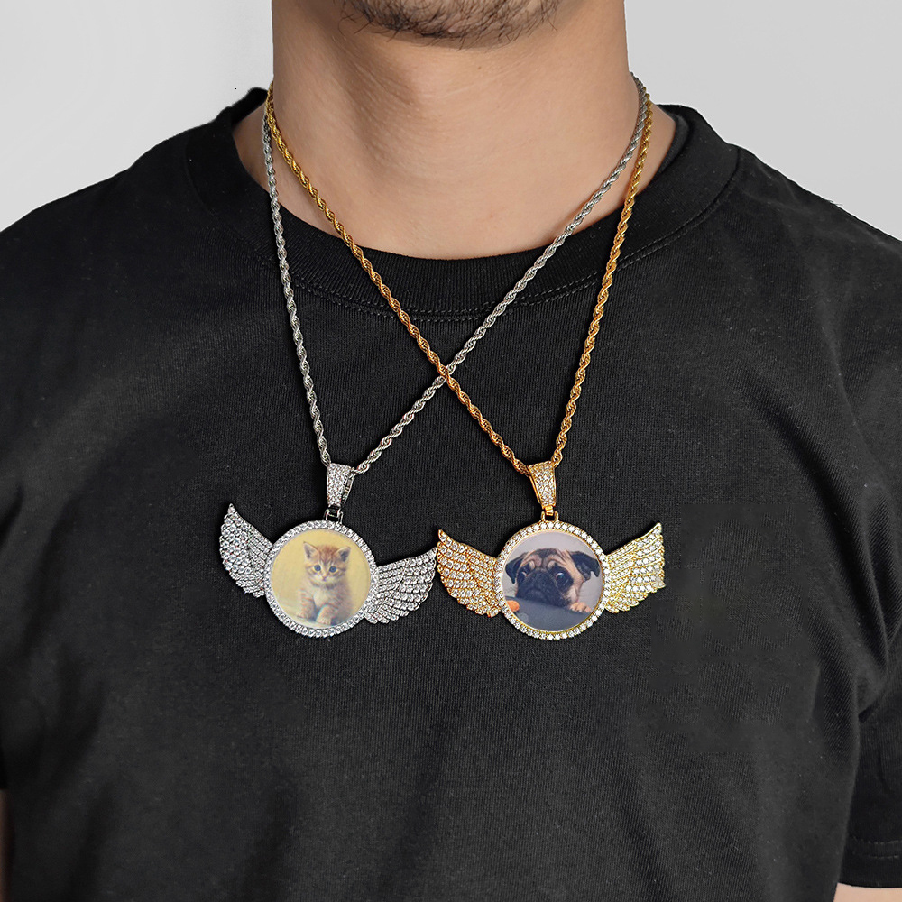 Hip-hop Necklace 18K Gold Plated Iced Moissanite Bling Wing Photo Blank Pendant Link Chain for Parties Dropshipping - view 3