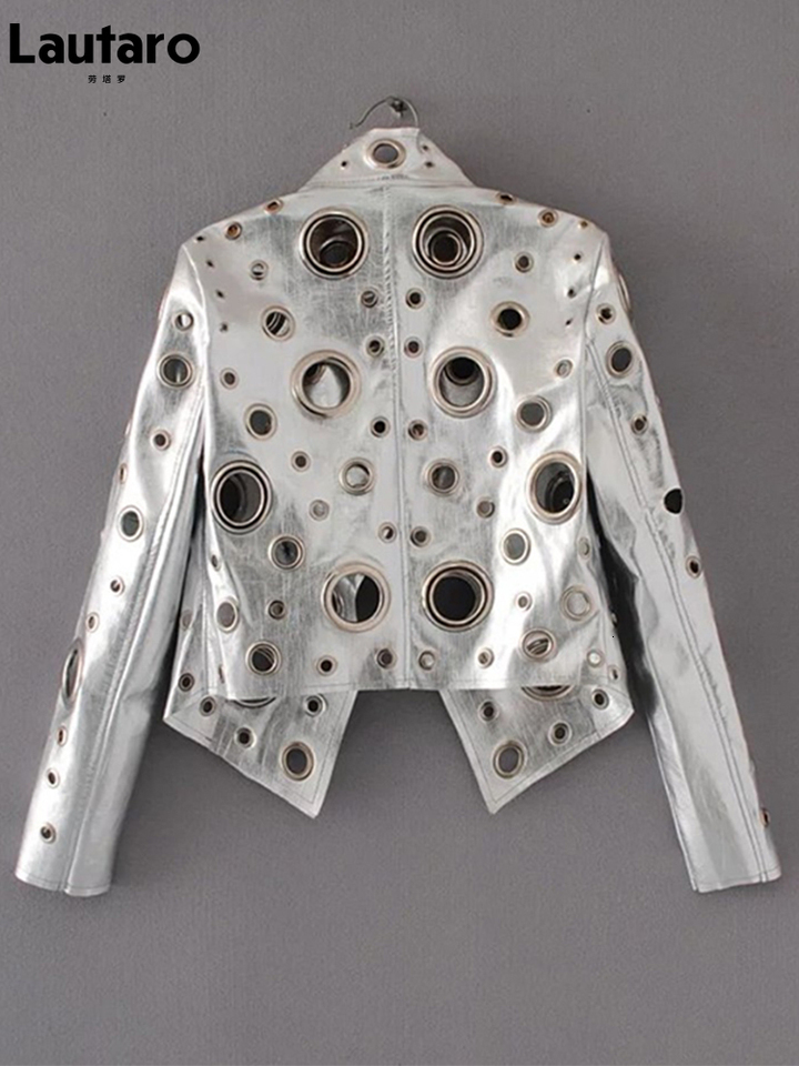 Lautaro Runway Cut Out Short Faux Leather Jacket Golden Rivet Cool Stylish Designer Clothes Women European American Fashion 2022 - view 3