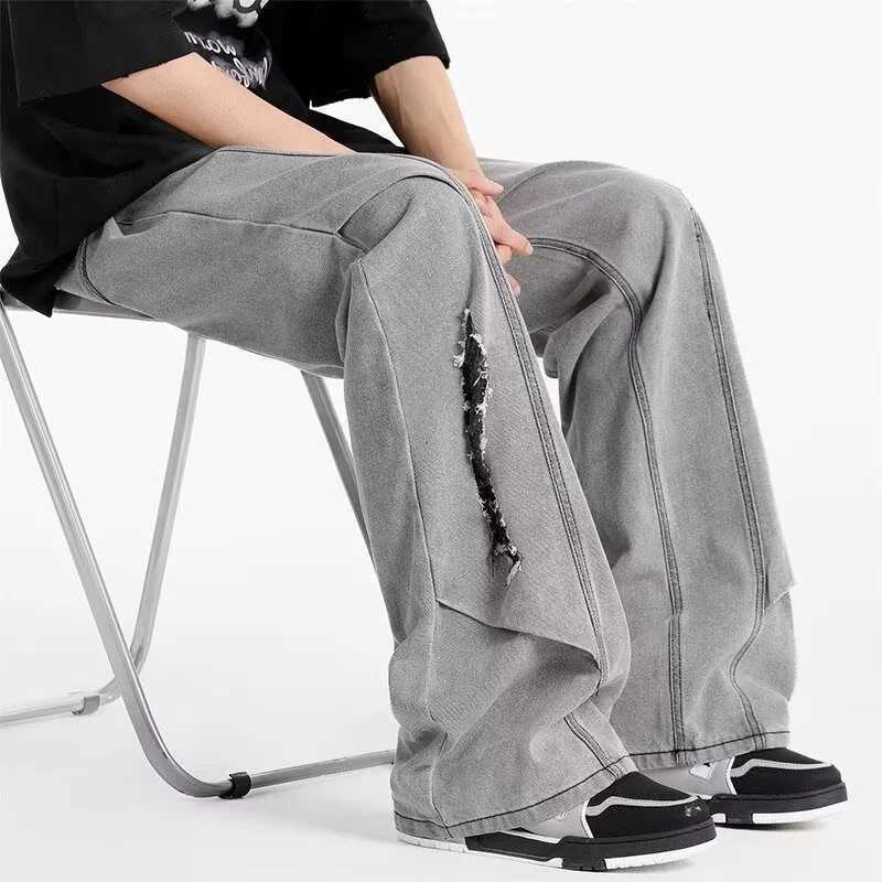 Men's Jeans Autumn Men's Hip Hop Fashion Ripped Jeans 2025 New Straight-Leg Baggy Denim Pants Splicing Washed Y2K Vintage Streetwear Jean H2 - view 7
