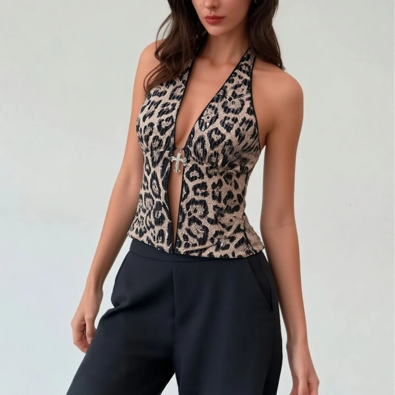 Spice Girl Leopard Print Sequin Halter Top Women Backless Lace Up Slim Fit Crop Vest 2026 Summer Lady Holiday Party Club Y2K 260924 - view 5