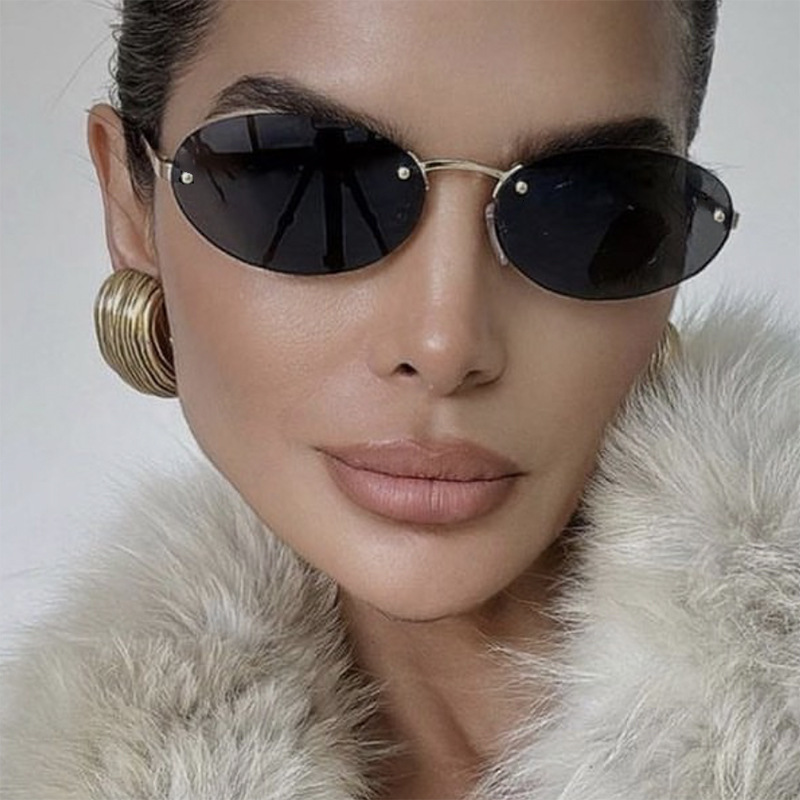 Vintage Brand Designer Sunglasses Oval Rimless Rivet 2024 New Fashion European And American Trend Street Style Sunglasses For Women High-End Designer  - view 4