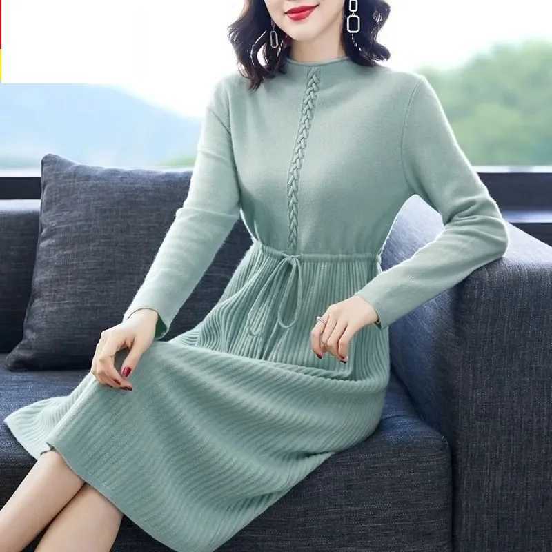 Lounge Women's Sleep Woolen Sweater Dress Mid to Long Women's Autumn And Winter Drawstring tie Waist Cinching Slimming Effect Base Knit Wool