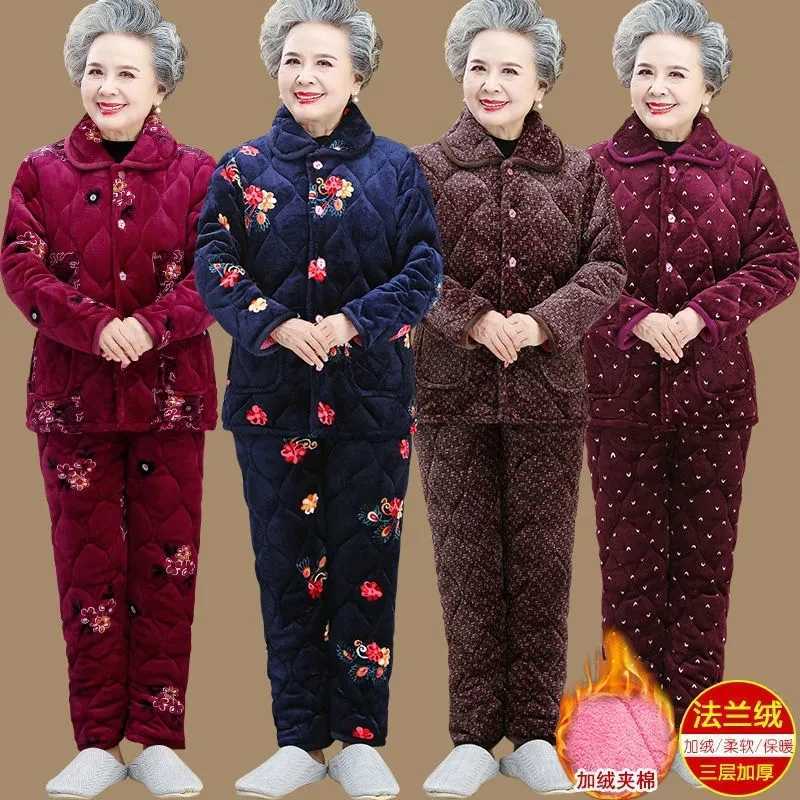 Lounge Women's Sleep Grandma Pajamas Three Layers Thickened Mother Home Clothes Elderly Women Coral Velvet Pajamas Sets Winter Suit Warm Pants 2P