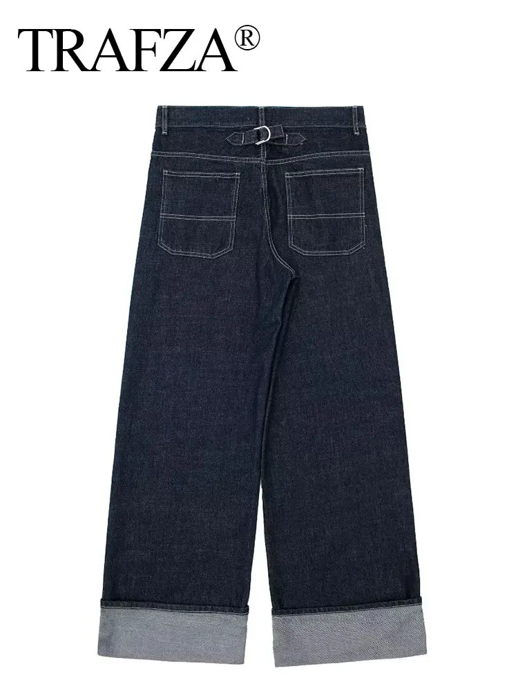 HH Women Fashion High Street Jeans Denim Dark Blue Waist Zipper Fly Rolled Leg Trouser Loose Casual Wide Pant 260928 - view 3