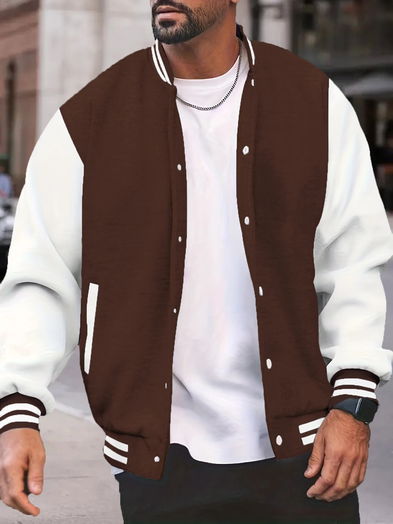 Men's Coffee White Colorblock Baseball Jacket Spring Fall Streetwear Loose Varsity Coat 260922