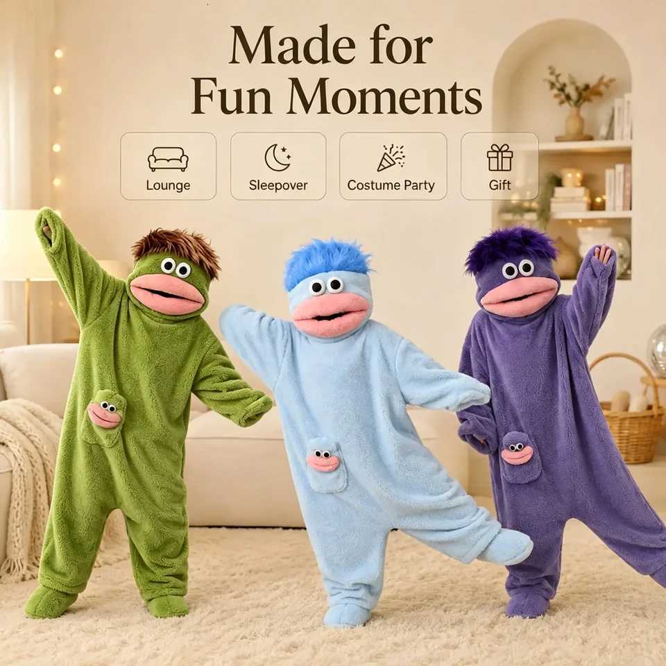 Lounge Women's Sleep New Big Mouth Monster Cartoon Jumpsuit Thickened Soft Coral Fleece Warm Winter Loungewear Funny Hooded Homewear Onesie Pajam - view 3