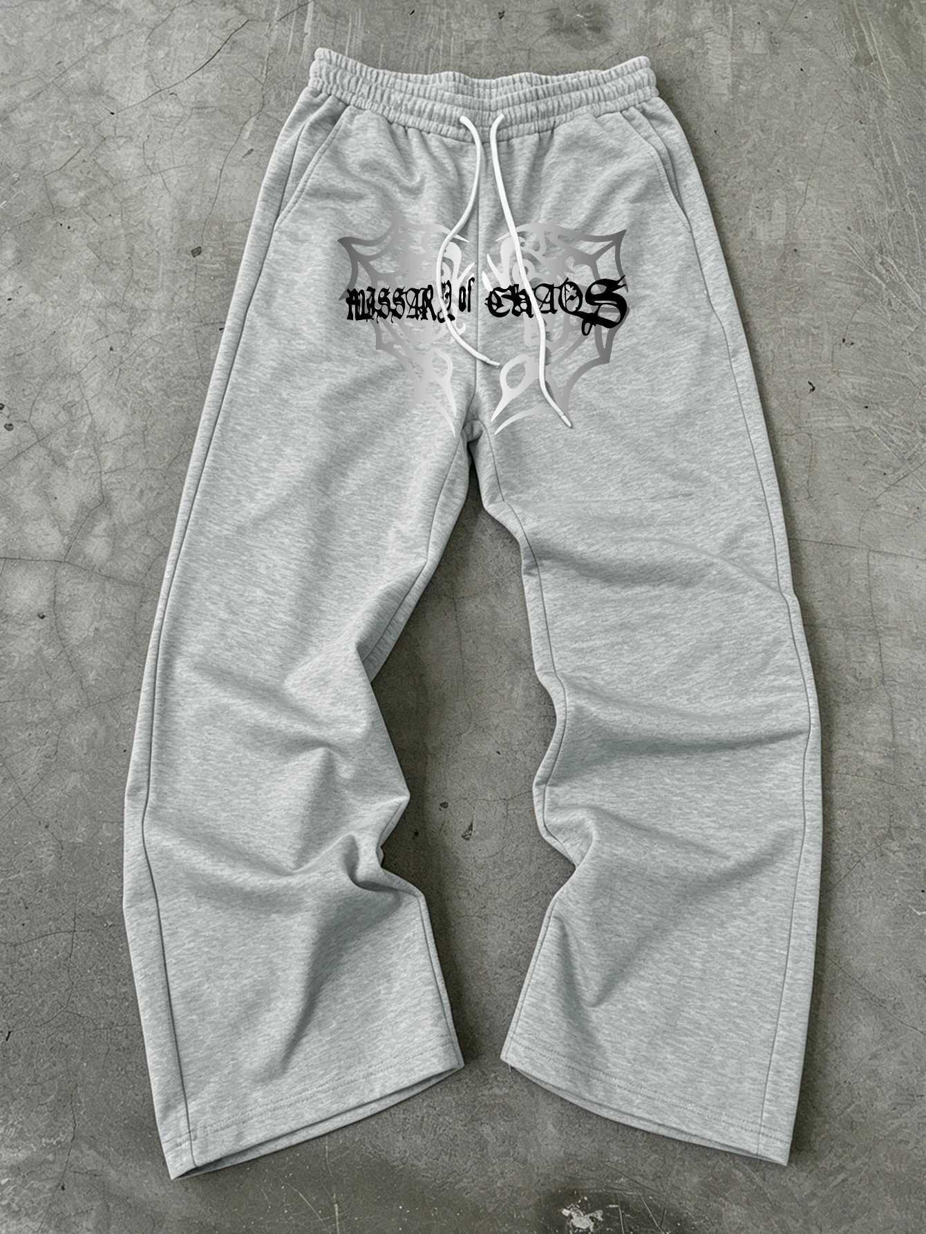 Men's Pants Men Gothic Wide Leg Jogger Pants Waist Centered White Old English "Messiah of Chaos" over Spider Web Crest Printdr1Baggy D2 - view 6