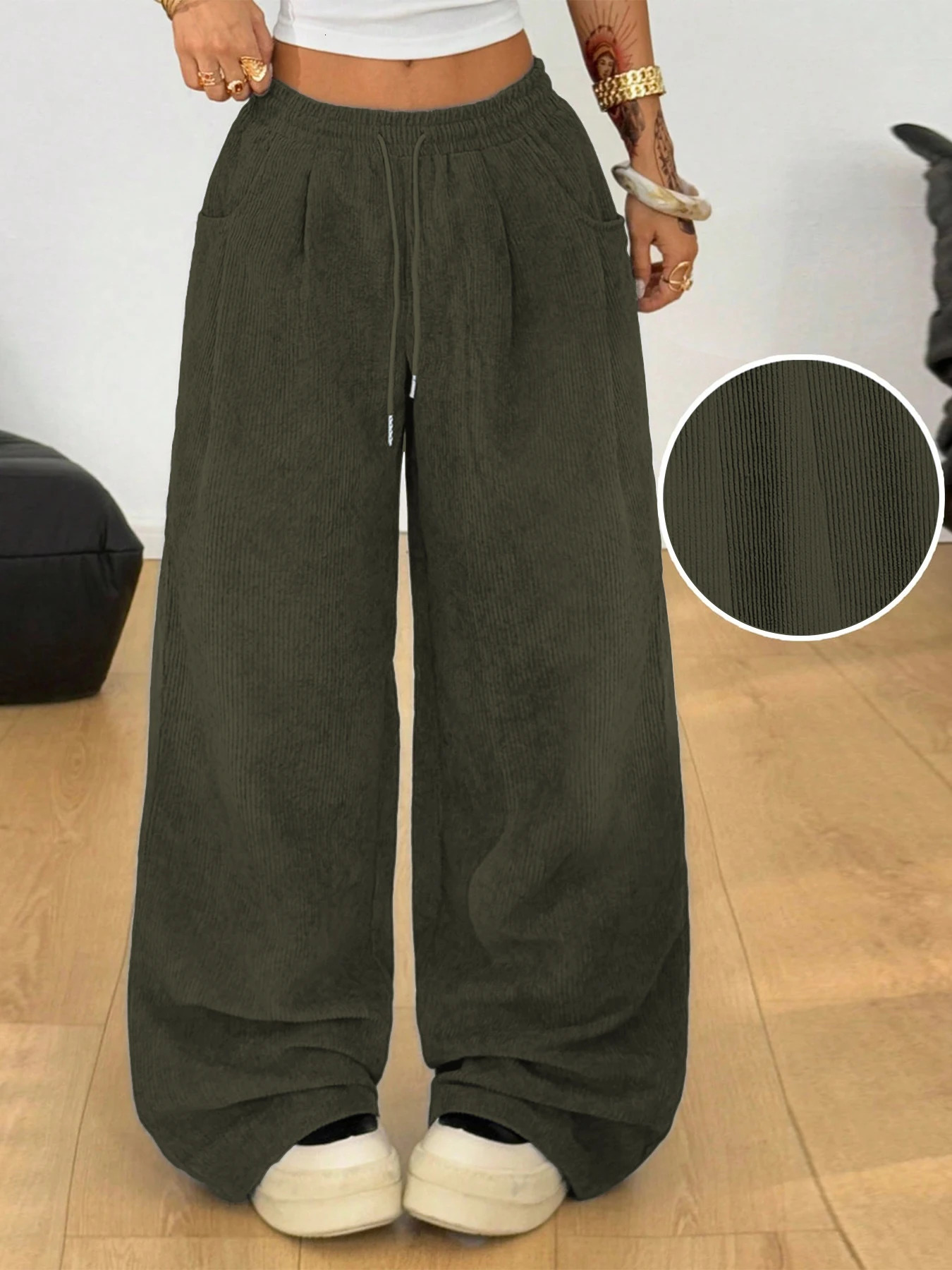 Womens Retro Corduroy Cargo Pants Casual Drawstring Straight Sports Pants Drape Daily Commuting Wide Leg Pants 260924 - view 4