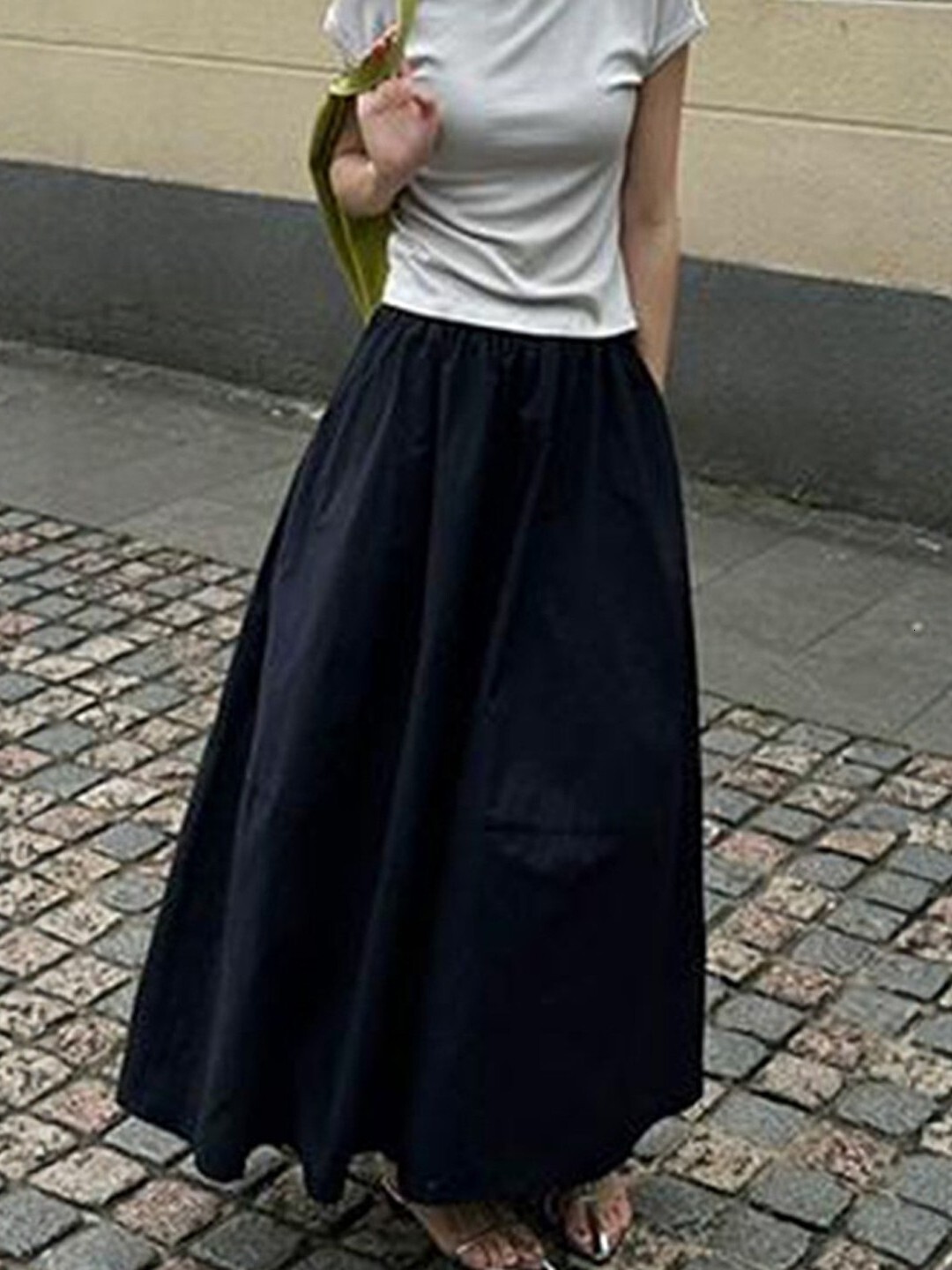 High Waist A-Line Midi Women's Loose Commute Black Slimming Hip Covering Long Skirt Casual Summer Short Sleeve
